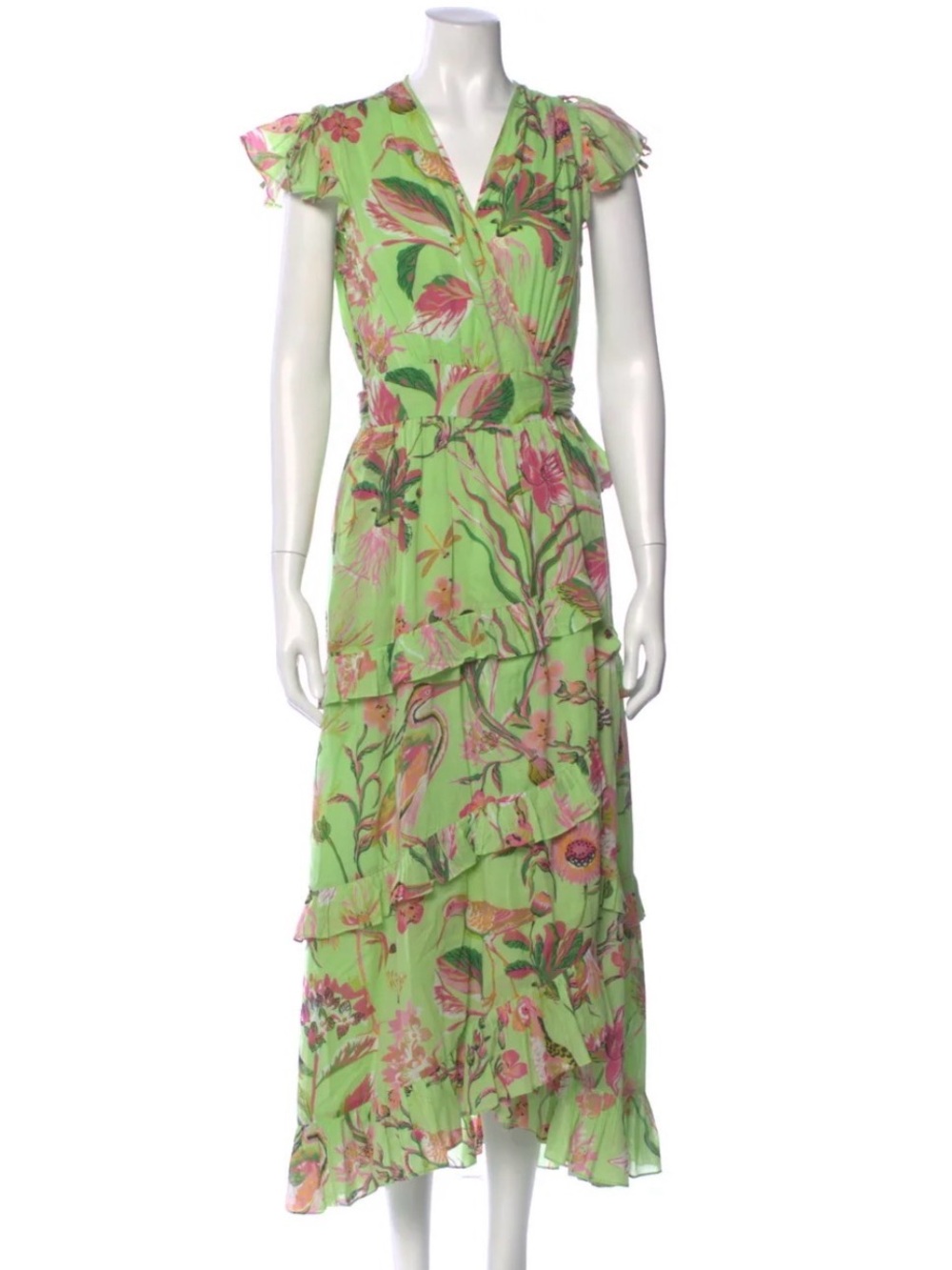 Banjanan Lime Green Floral Wrap Midi Dress with Pink Accents